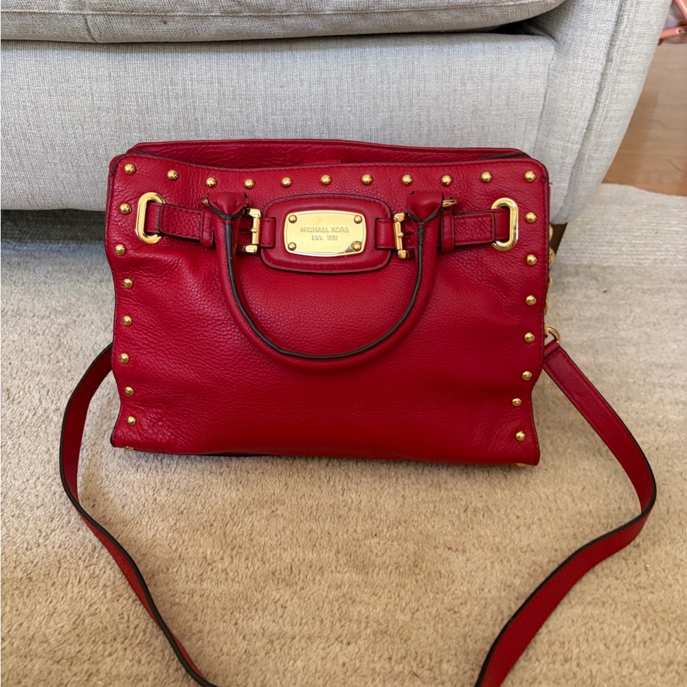Michael Kors Red Leather Studded Satchel with Gold Hardware